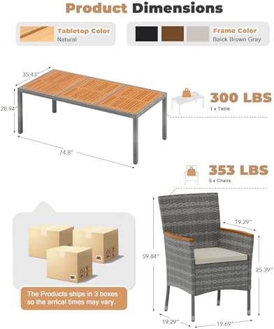 Flamaker Patio Dining Set for 8 Outdoor Acacia Wood Table and Chairs, Gray