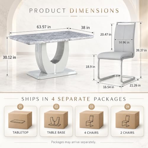 JUFU 7-Piece Dining Table Set for 6, 63-Inch Faux Marble Table