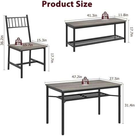 Garvee Dining Table Set for 4 with Bench and Chairs, 4-Piece Kitchen Table Set with Storage – Space-Saving Dining Table for Apartments and Dining Rooms, Gray