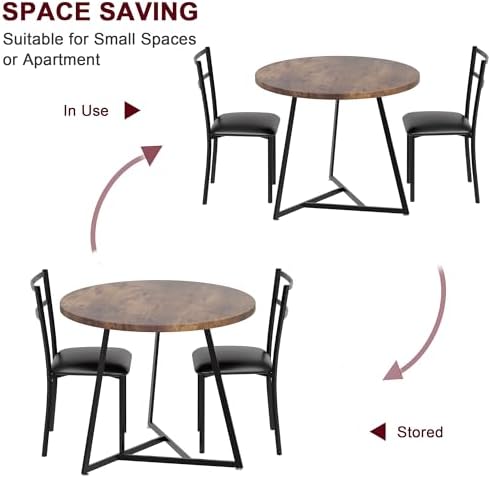 GAOMON Dining Table Set for 2, Kitchen Table and Chairs for 2 with Upholstered Chairs, 3 Piece Dining Room Table Set, Round Kitchen Table Set for Small Space, Apartment, Studio, Rustic Brown