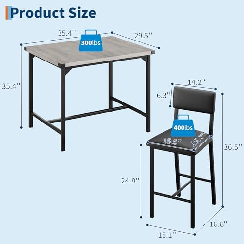 GarveeHome Dining Table Set for 4 with Corner Protector, Kitchen Table Set w/Footrest & Backrest, Counter Height Table with 4 Upholstered Bar Chairs, for Small Space, Retro Gray