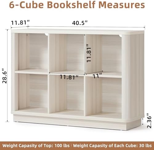 Joaxswe 6 Cube Bookcase, 40" Wide Horizontal 2-Tier Book Shelf w/Curved Edge, Wood Low Floor Standing Bookshelf with Base, Modern Short Storage Organizer for Living Room,Office, Gray-White Cream Oak