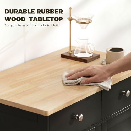 HOMCOM Sideboard Buffet Cabinet Solid Wood Countertop Black