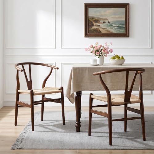 Polynices Wishbone Chairs Set of 2, Rattan Dining Chairs (Walnut)
