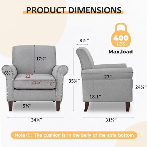 PrimeZone Comfy Accent Chairs Set of 2, Mid-Century Modern Arm Chair, Grey