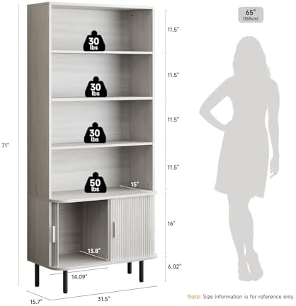 ONBRILL 71" Bookshelf with Sliding Door, Bookcase Cabinet, Natural White