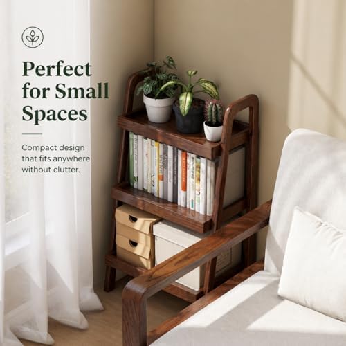 Solid Oak Small Bookshelf, 3 Tier Ladder Shelf Walnut Bookcase
