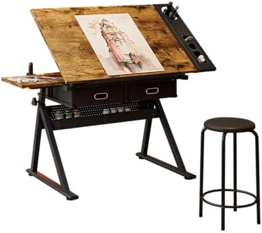 Drafting Table Art Table Adjustable Drawing Table Tilted Tabletop, Craft Table, with Storage Drawers and Stool, Crafting Desk with Storage for Painting Diamond Reading Writing Study (Black B)
