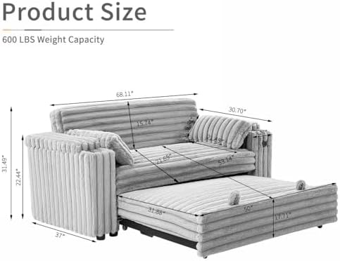 hansones 68.11" Corduroy Sleeper Chair Bed with USB Port, Cup Holders &a...