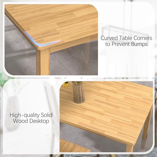 Solid Wood Dining Table Set for 4, 43.3" Dining Table with Chairs Set, Kitchen Dining Table Set with Woven Rattan Backs, Farmhouse Solid Wood Table and Chairs, Natural