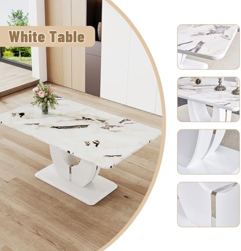 JUFU Modern Dining Set Table and 4 Chairs,White Faux Marble Dining Table Set for 4,Dining Room Table Set and 4 PU Leather Upholstered Dining Chairs,63'' Large Dinner Table Set