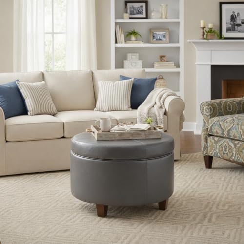 HomePop Round Leatherette Storage Ottoman with Lid, Charcoal Grey Large