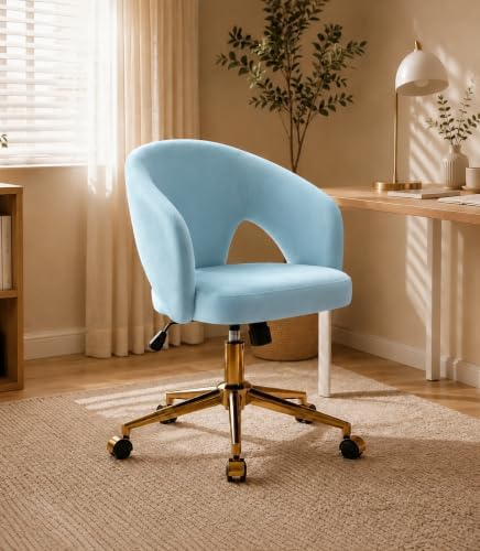 Velvet Vanity Armchair with Wheels, Comfy Upholstered Desk Seat ,Bule