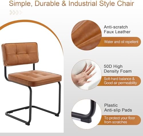 Zesthouse Industrial Metal Dining Chairs Set of 2, Upholstered Leather Kitchen Chairs with Black Metal Base, for Kitchen & Dining Room Living Room, Mid Century Breuer Design Inspired, Armless, Brown
