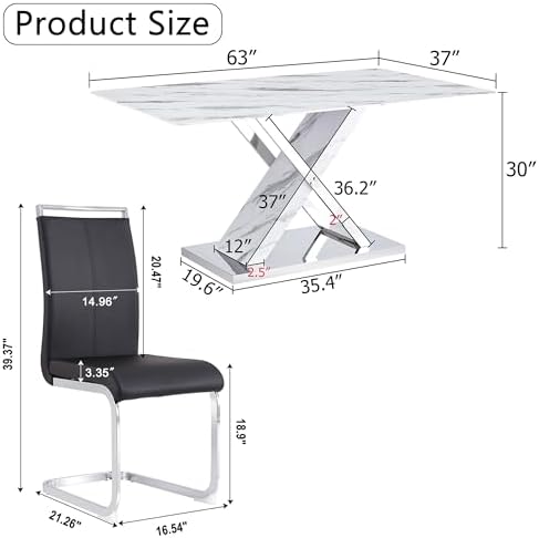 Marble Dining Table Set for 4,63 in White Rectangular Table with Sliver Metal X-Shaped Frame and 4 Black Leather Dining Chairs,ModernTable and Chairs for Kitchen Dining Room,Restaurant