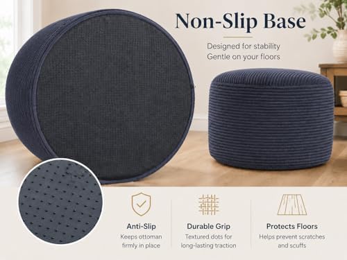 Round Stuffed Pouf Ottoman, Foot Stool Ottoman,Corduroy Poufs with Foam Chunk Filling, Furry and Fluffy Storage Ottomans, 26 X 18 Floor Poufs Foot Rest for Living Room,Gray