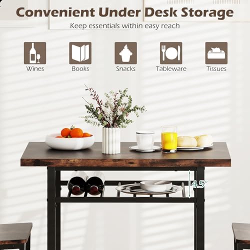 GIANTEX 3-Piece Dining Table Set, Rectangular Kitchen Table with Storage Rack and 2 Dining Chairs, Heavy-Duty Metal Frame, Space-Saving Dinette Set for Breakfast Nook, Apartment (Brown + Black)