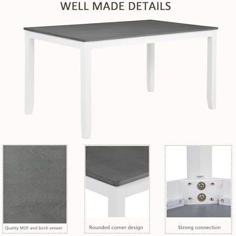 Harper & Bright Designs 58.5" Lx34.5 W Solid Wood 7-Piece Dining Table Set for 6, Grey White Two-Tone Kitchen Dining Room Set with 6 Upholstered Chairs, Rubber Wood Frame, 330LBS Capacity