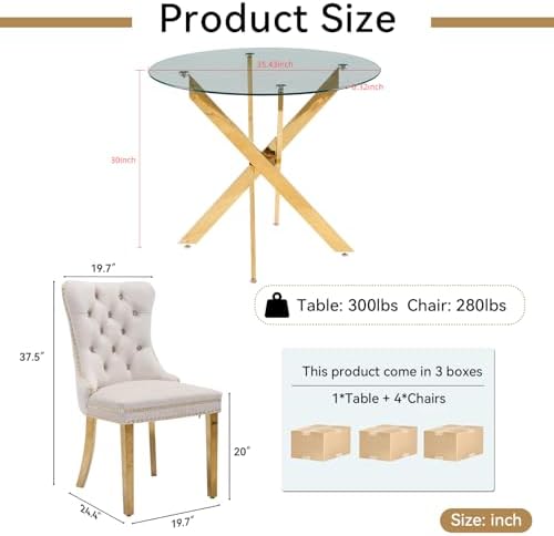 36" Modern Gold Glass Dining Room Table Set for 4, 5-Piece Round Kitchen Dining Table Set with Cross Metal Legs and 4 Beige Velvet Upholstered Chairs, Glass Kitchen Table and Chairs Set