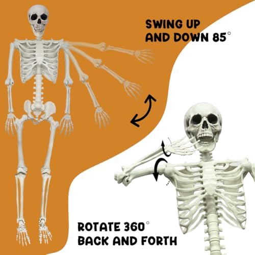 5.9FT Poseable Life Size Skeleton, Plastic Full Size Spooky Scary Skeleton with Movable Joints for Halloween Garden Party Decoration