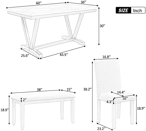 Merax Modern 6-piece Dining Table with Cushions Chairs and Bench, Elegant Dining Table Seat Backs for Dining Room, White