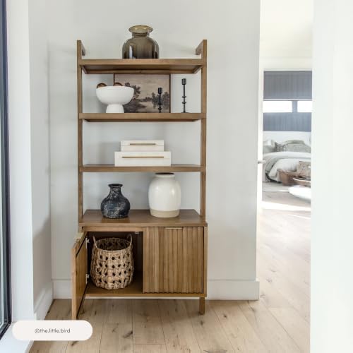 Nathan James Jasper 3-Shelf Solid Wood Boho Bookshelf, Wall Mounted Bookshelf with Cabinet with Fluted Doors, Light Brown