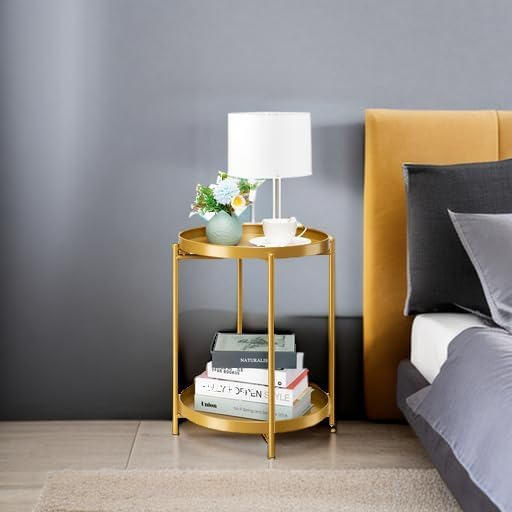 danpinera 2 Tier End Table, Metal Round Side Table with Removable Tray