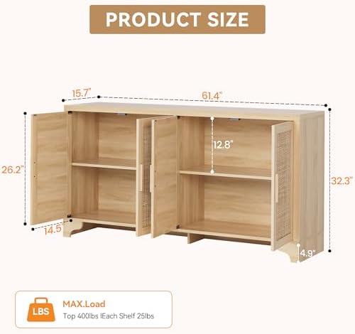 GarveeHome 4-Door Sideboard Buffet Cabinet, Natural Rattan Storage Cabinet, Boho Entryway Console Table, Coffee Bar Station for Dinning Room, Living Room, Kitchen