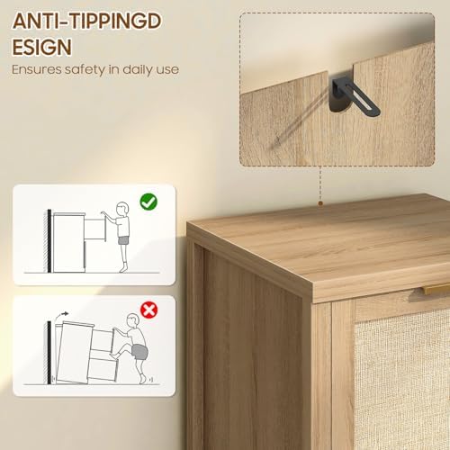 2-Drawer Rattan Small File Cabinet, Vertical Filing Cabinet, Natural Oak