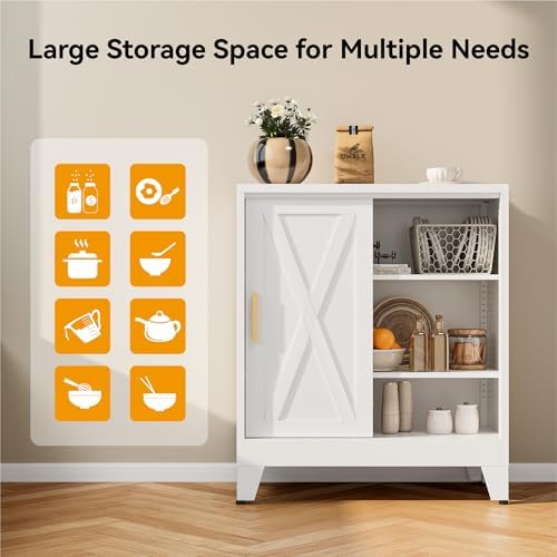COFaR White 37" H Sliding Door Storage Cabinet, Half Open Half Closed Design, 3-Tier Kitchen Organizer with Adjustable Shelves, 150 lbs Top, Metal Coffee Bar & Buffet Sideboard for Dining Room