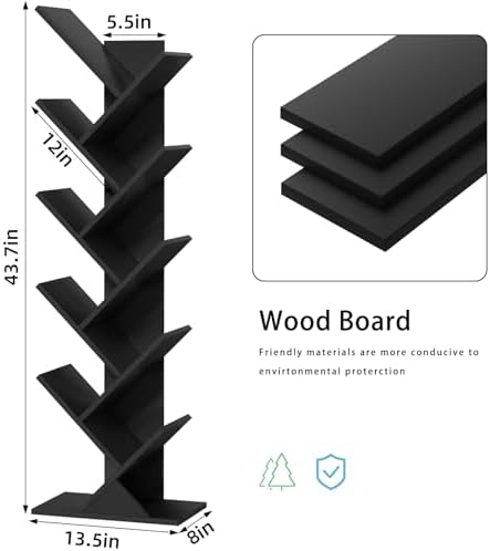 10 Tier Tree Book Shelf, Floor Standing Wood Bookshelf for Narrow Space