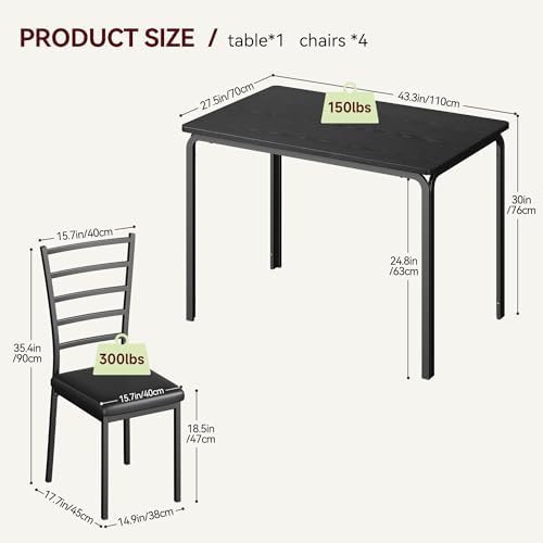 GarveeHome 5-Piece Kitchen Dining Room Table Chair Set for Small Space, Indoor Modern Dinette Set for 4, Square Dinner Table Set for Dinette (Black, Dining Table with 4 Chairs)