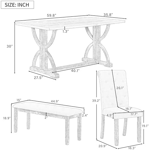 Merax 6 Piece Solid Wood Dining Table Set with Bench, Wooden Rectangular Kitchen Table Set with 4 Upholstered Chairs & 1 Bench for 6, Dining Room & Kitchen, Natural Wood Wash