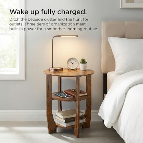 Round Side Table with Charging Station,19.7" D,Rustic Brown