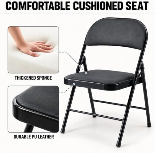 Black Folding Chairs with Cushion 6 Pack, Folding Chairs with Back Padded and...