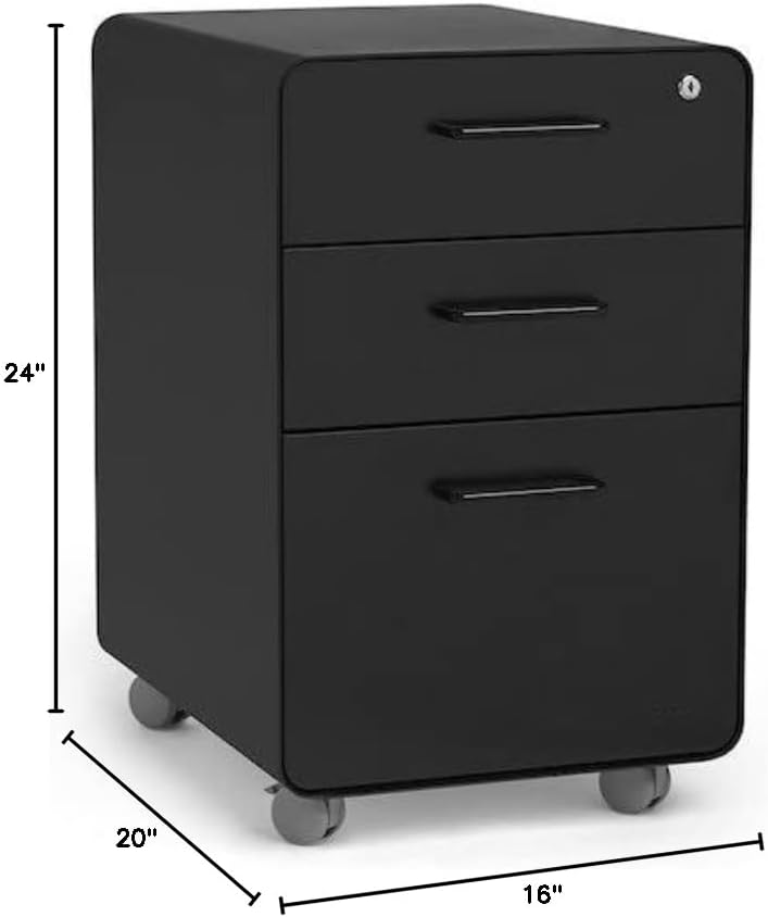 Poppin Stow 3-Drawer Rolling File Cabinet - Black. 2 Utility Drawers and 1 Hanging File Drawer. Two Locking and Two Non-Locking Wheels. Powder-Coated Steel. Two Keys Included