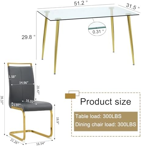 Ebullient Glass Dining Table Set for 4,5 Piece Dining Table and Chairs Set，Modern Kitchen Dining Room Table with 4 PU Leather Chairs,Dinner Table Set