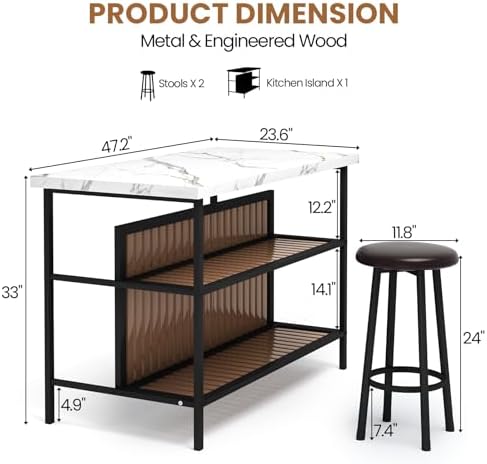 DKLGG Kitchen Island with Stools & Storage, Modern Dining Table Set for 2, 3 Piece Kitchen & Dining Room Sets Island Table for Small Space, Apartment, Home Bar, White