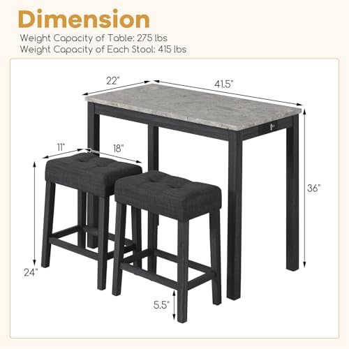 COSTWAY 3-Piece Wooden Bar Table Set with Charging Station
