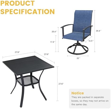 VICLLAX 3-Piece Patio Dining Set, Square Outdoor Table & Swivel Chairs