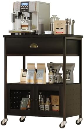Catrimown Coffee Bar Cart Cabinet,3 Tier Coffee Station Table on Wheels,Coffee Cart with Storage for Home Kitchen, Liquor Buffet Sideboard Cabinet, Black