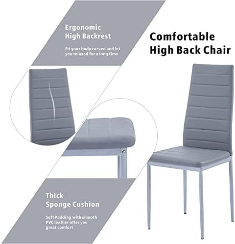 Dining Table Set for 4, 5 Piece Kitchen Table and Chairs for Dinette, Apartment, Compact Space-Saving w/Tempered Glass Tabletop and 4 Upholstered Chairs, Clear/Silver+Slate Gray
