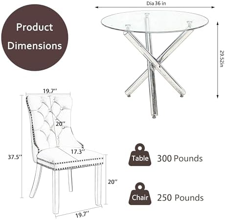 Modern Silver Round Glass Dining Table Set for 4, 36'' Luxury Minimalist Circle Dinette Room Set, 5 PCS Clear Circular Glass Top Kitchen Set, Black High-end Tufted Chairs, for Small Place