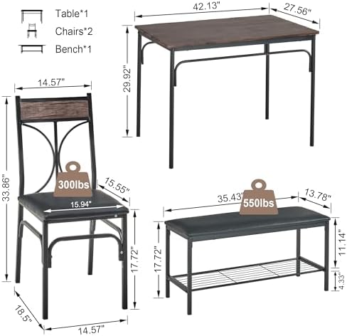VECELO Kitchen Dining Table Set with Upholstered Bench & 2 Chairs | Space-Saving Compact Design | Perfect for Small Apartments, Breakfast Nooks, Rustic Brown