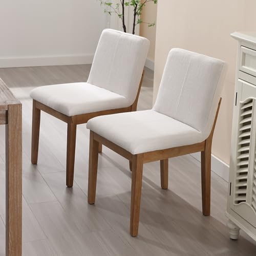 Farmhouse Kitchen Dining Room Chairs Set of 6 with Rectangle Backrest Mid Century Linen Fabric Upholstered Dining Room Parsons Chairs for Kitchen Island/Living Room/Dining Table, Beige