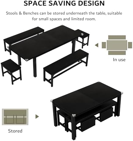iPormis 5-Piece Dining Table Set for 4-8 People, Extendable Kitchen Table Set with 2 Benches and 2 Square Stools, Mid-Century Dining Room Table with Metal Frame & MDF Board, Saving Space, Black
