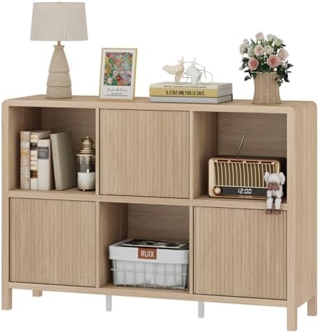 FATORRI 6 Cube Horizontal Bookshelf with 3 Doors, Modern Wood Book Shelf with Storage, Low Cubby Bookcase for Home Office (Light Walnut)
