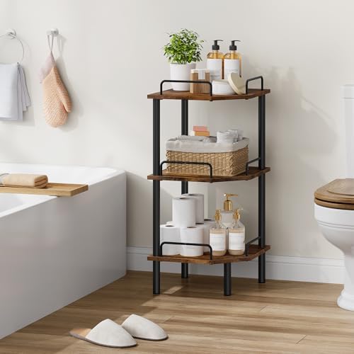 Tajsoon 3 Tier Corner Shelf Stand, Small Corner Table, Rustic Brown