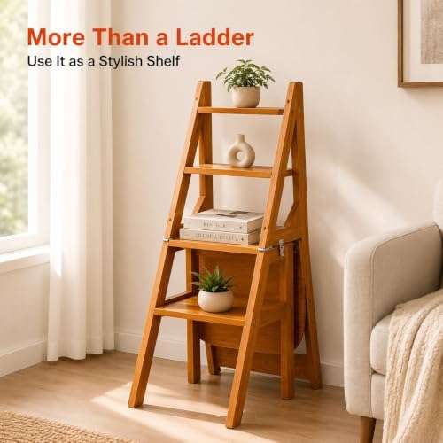 4 Tier Folding Step Ladder, 3-in-1 Wooden Folding Ladder Chair, Portable Multi-Function Step Stool, 198 lbs Capacity Indoor and Outdoor Display Rack Flower Rack,for Library,Home,Kitchen (Light Walnut)