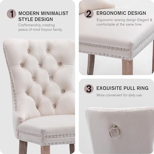 SoarFlash Velvet Dining Chairs Set of 6, Tall Back Side Chair, Modern Upholstered High-end Tufted Side Chair with Button Back Ring, Solid Wood Legs (Beige)